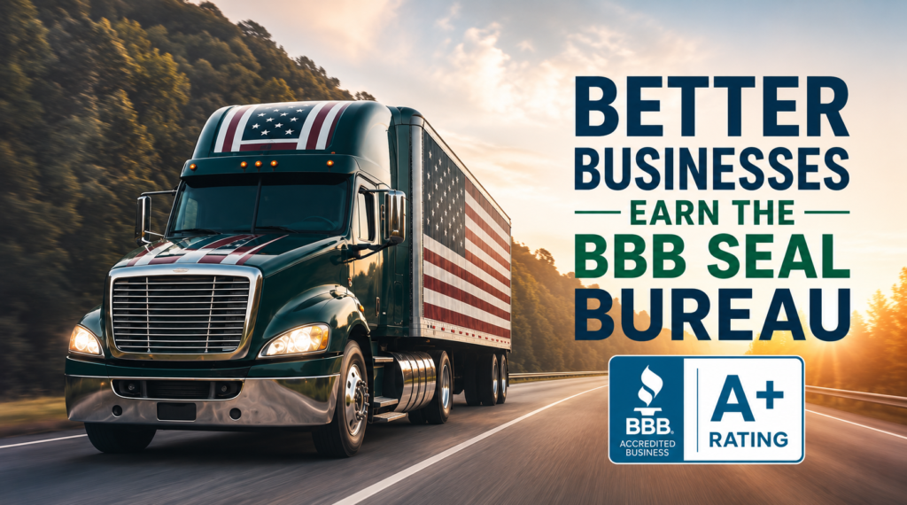 Fast-growing 3PL company USA banner featuring a semi truck on a highway with BBB A+ Rating accreditation badge.