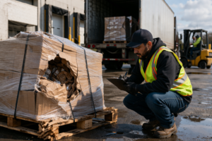Damaged LTL shipment pallet being inspected at warehouse dock highlighting freight damage and delivery delays