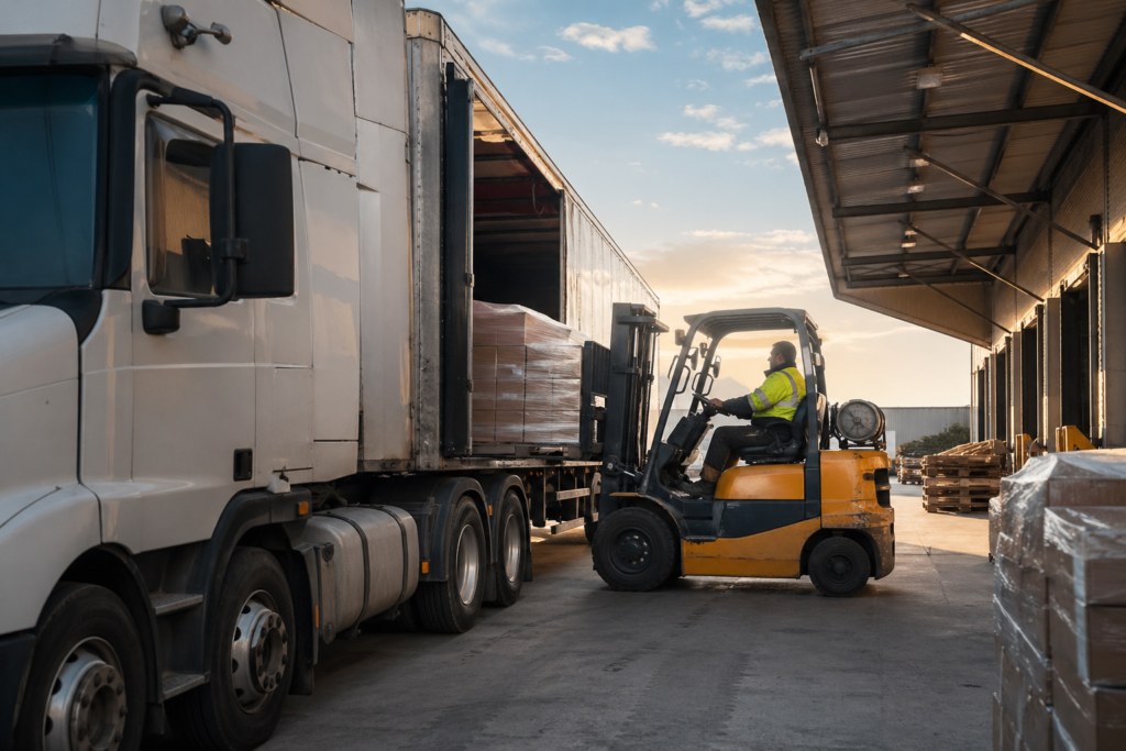 FTL truck being loaded at warehouse dock showing real-world freight transit operations in the USA