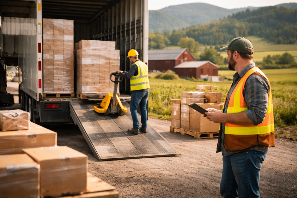 Freight delivery at a rural location with workers unloading pallets from a truck in a low-density agricultural area