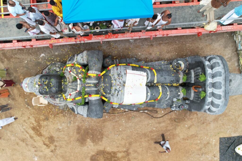 Aerial view of 200-ton Hanuman statue prepared for heavy haul transport in Maryland