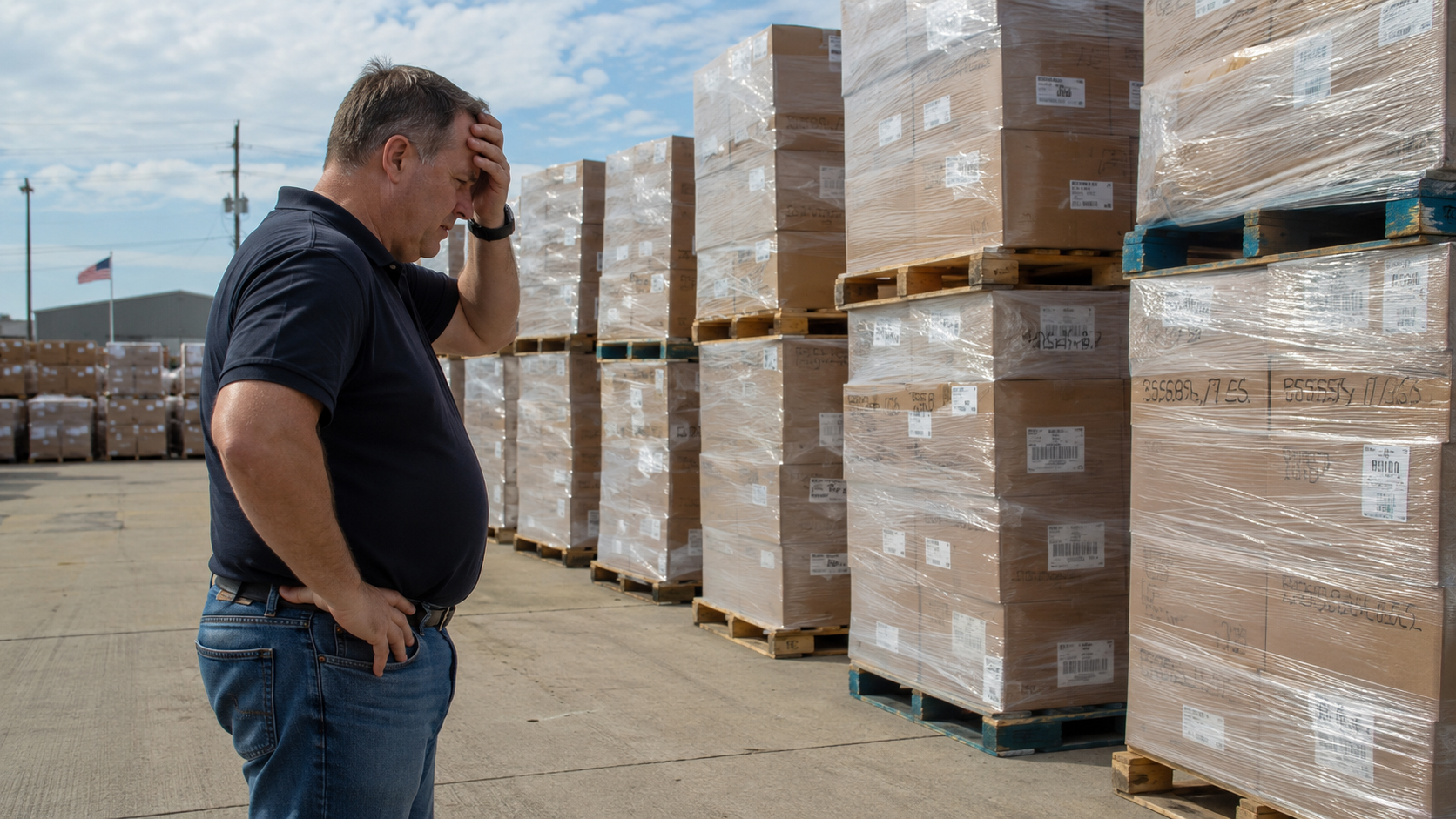 Frustrated shipper standing near stacked freight pallets representing common FTL shipping and booking problems