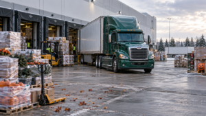 Green semi-truck at a distribution center with pallets of seasonal products during peak shipping season