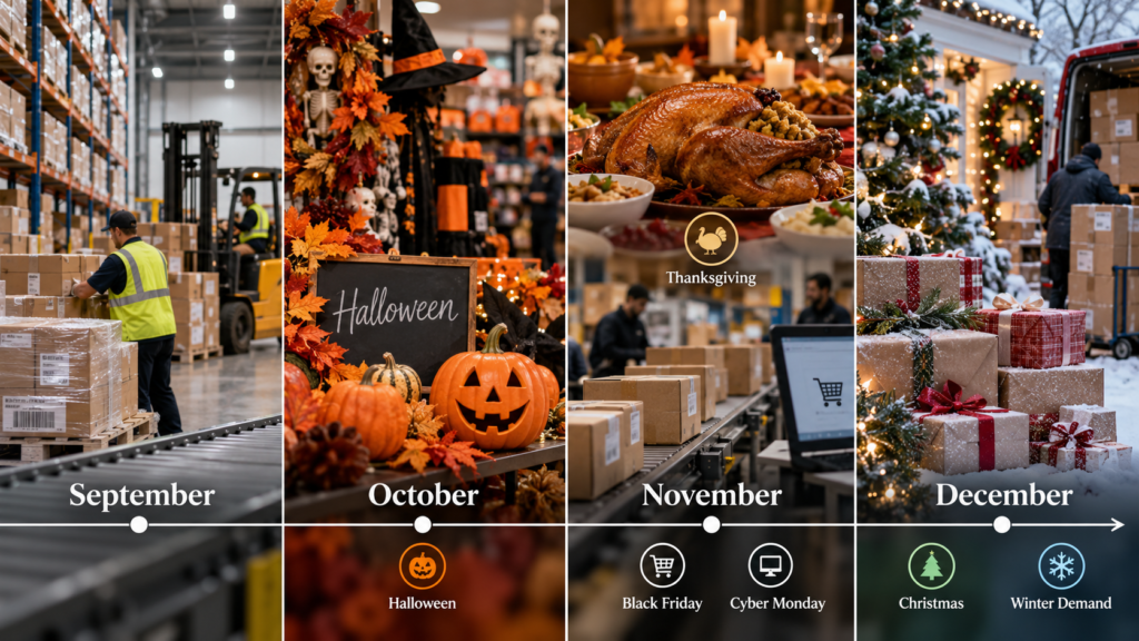 September to December shipping season timeline showing Halloween, Thanksgiving, Black Friday, Cyber Monday, Christmas and winter demand