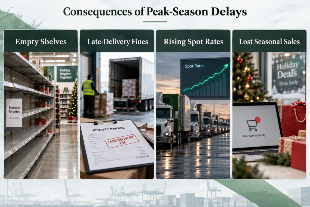 Infographic showing four peak season shipping consequences including empty shelves, late-delivery fines, rising spot rates and lost seasonal sales