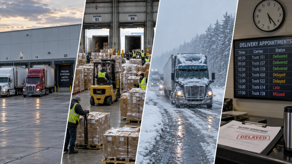Peak season freight challenges showing limited truck capacity, warehouse congestion, winter weather and delayed delivery appointments