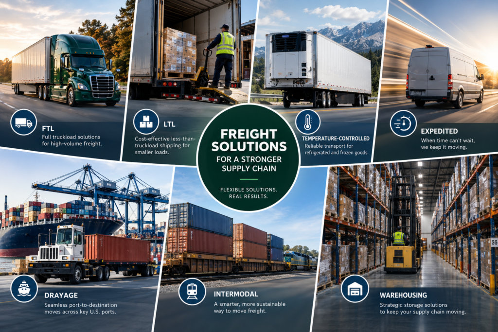 Freight shipping solutions including FTL, LTL, temperature-controlled, expedited, drayage, intermodal and warehousing services