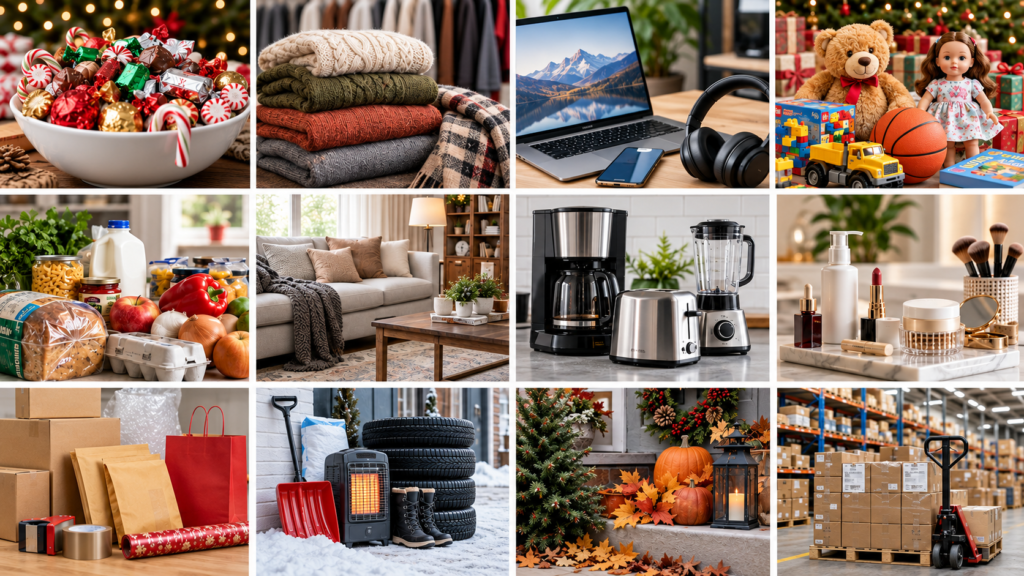 Peak season product categories including candy, apparel, electronics, toys, food, furniture, appliances, beauty products, packaging and winter supplies