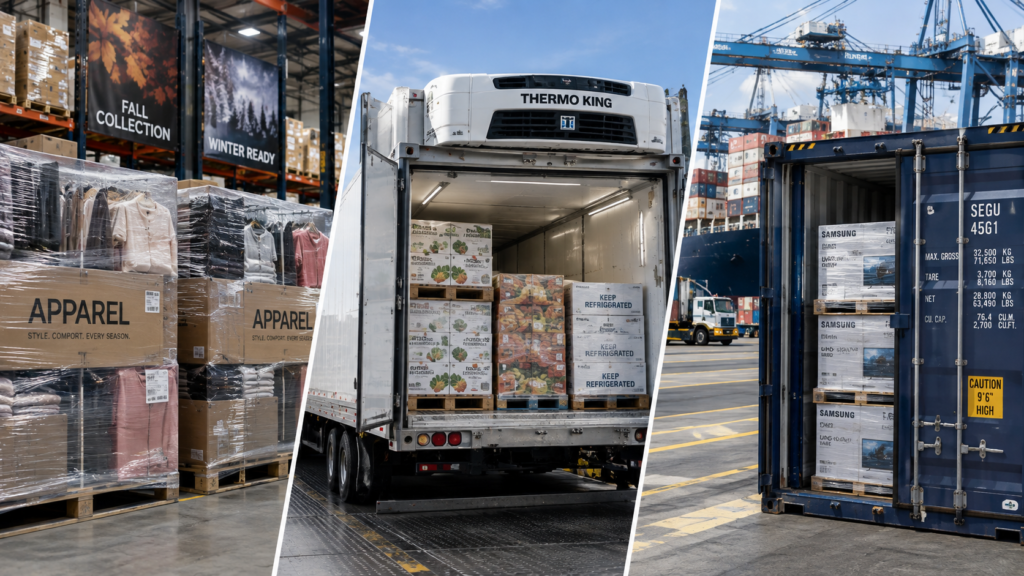 Apparel pallets, temperature-controlled food freight and electronics containers showing different peak season shipping needs