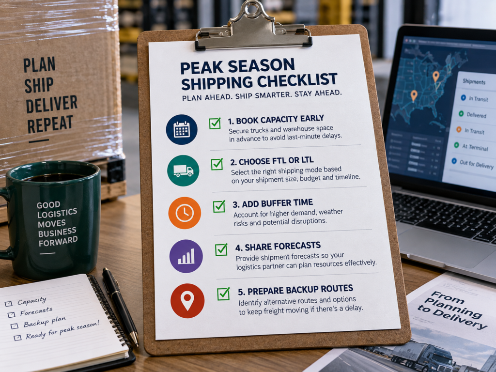 Peak season shipping checklist covering capacity booking, FTL or LTL selection, buffer time, demand forecasts and backup routes