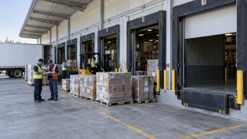 Freight staged at a U.S. warehouse loading dock after a scheduled carrier cancellation