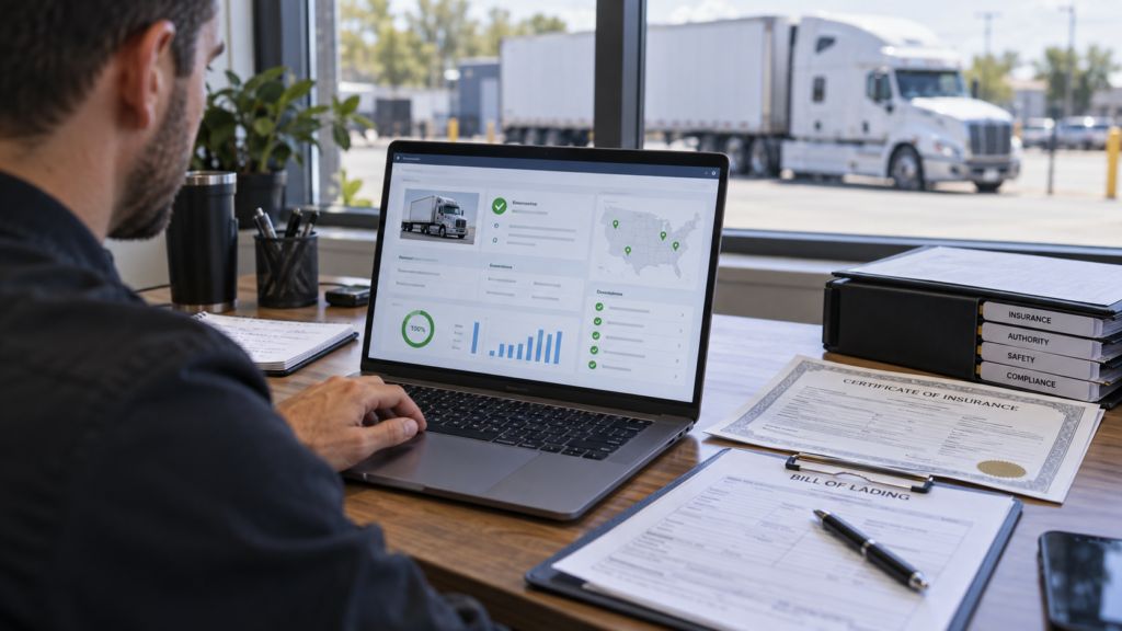 Logistics professional verifying carrier authority and insurance before booking replacement freight capacity