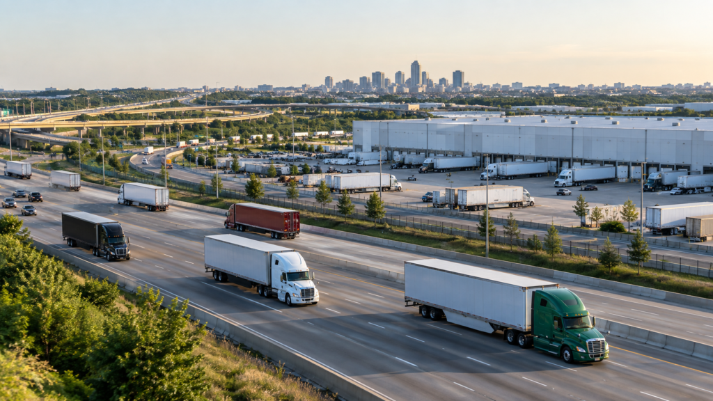 Semi trucks moving through a U.S. freight corridor representing backup truck capacity